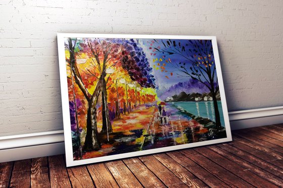 NIGHT WALK, Light, bright, Love, gift, palette knife oil painting