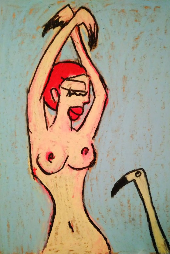 Naked woman do parody of a bird