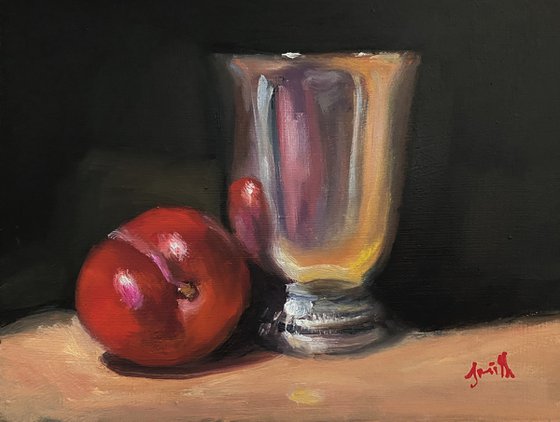 Original oil painting, Plum & Silver Goblet, classic still life.