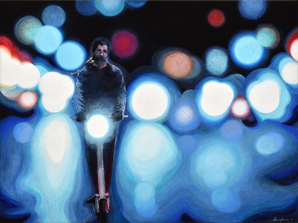 Organic Cityscapes Acrylic Painting By Alex Nizovsky, 40 X 30, Nocturne #22 / Scooter, Original Artwork