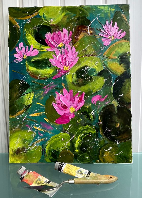 Water Lily Painting Floral Original Art Lotos Flower Oil Impasto Canvas Artwork Home Wall Art 14 by 18" by Halyna Kirichenko