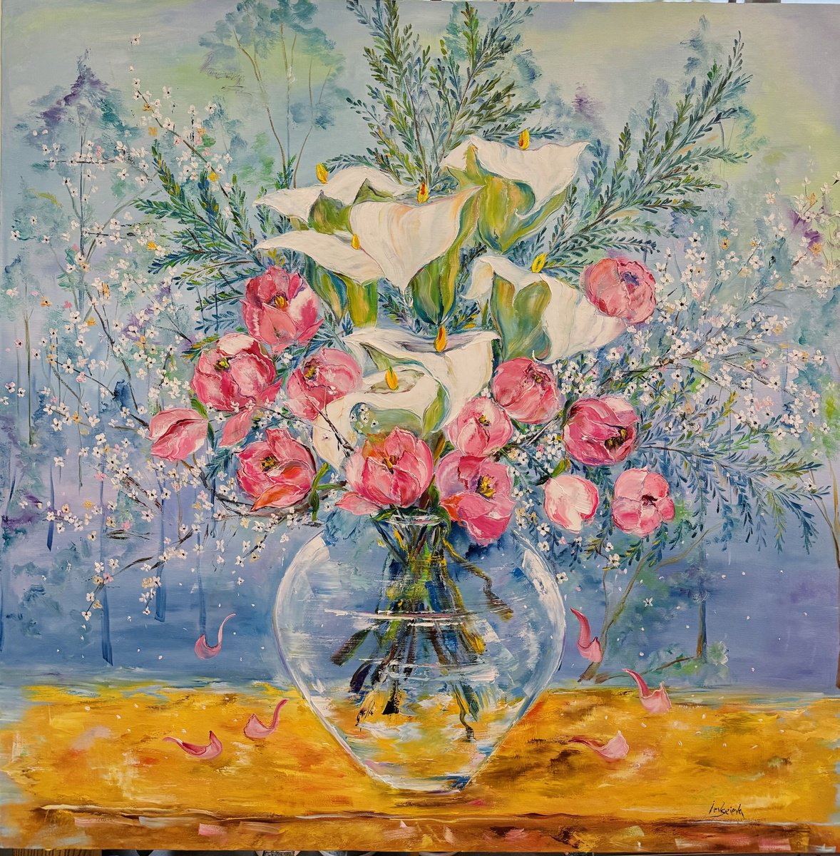 Expressive Botanical Oil Painting By Oleksandra Ievseieva, 32 X 32", Lilies In The Forest, Original Artwork