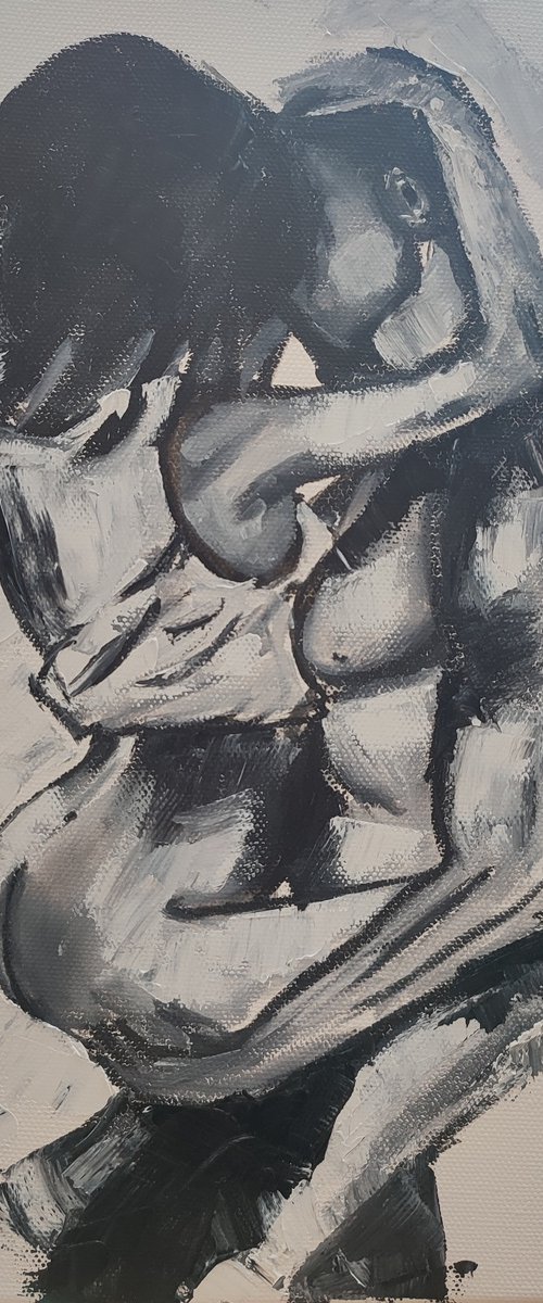 Passion, nude erotic couple, black and white art, monochrome oil painting by Nataliia Plakhotnyk