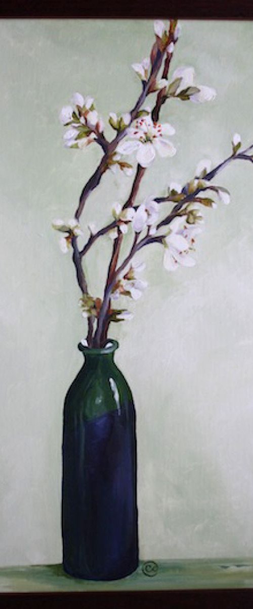 Blossom in a green vase by Charlie Davies