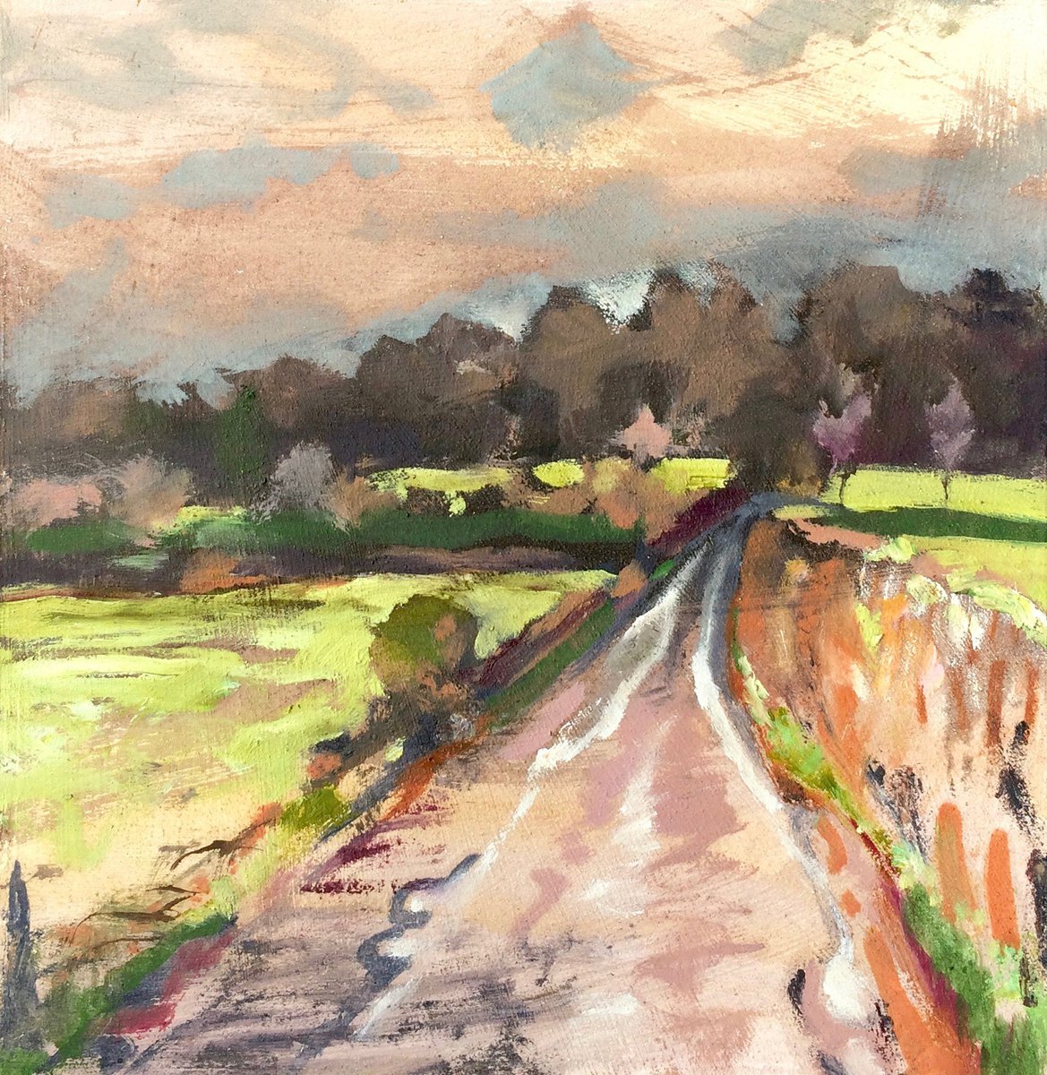 Impressionistic Landscape Oil Painting By Guy Pickford, 12 X 12, Down The Drive, Original Artwork