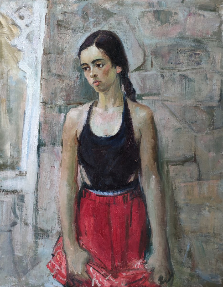 Timid girl in a red skirt by Maria Egorova