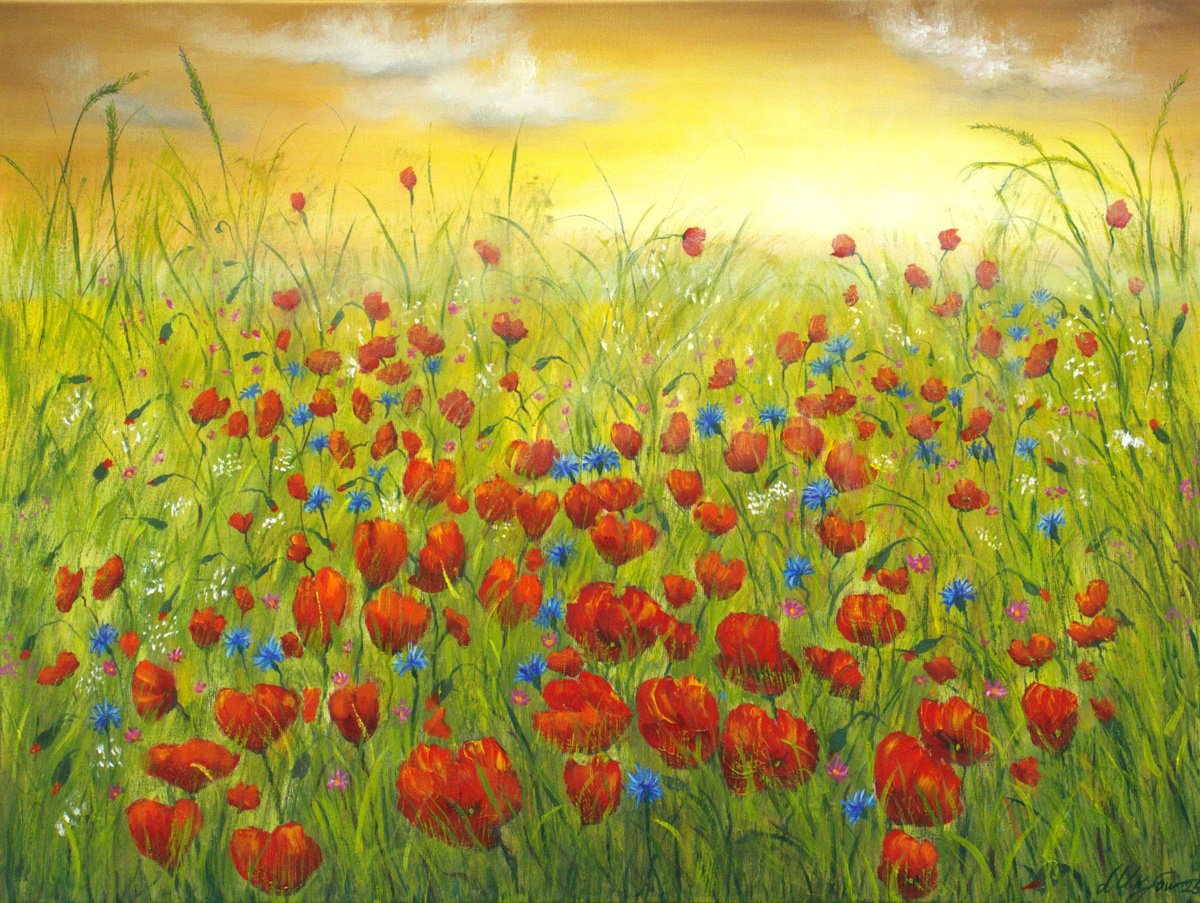 Impressionistic Landscape Oil Painting By Ludmilla Ukrow, 31 X 24", Sunset At The Poppy Field, Original Artwork