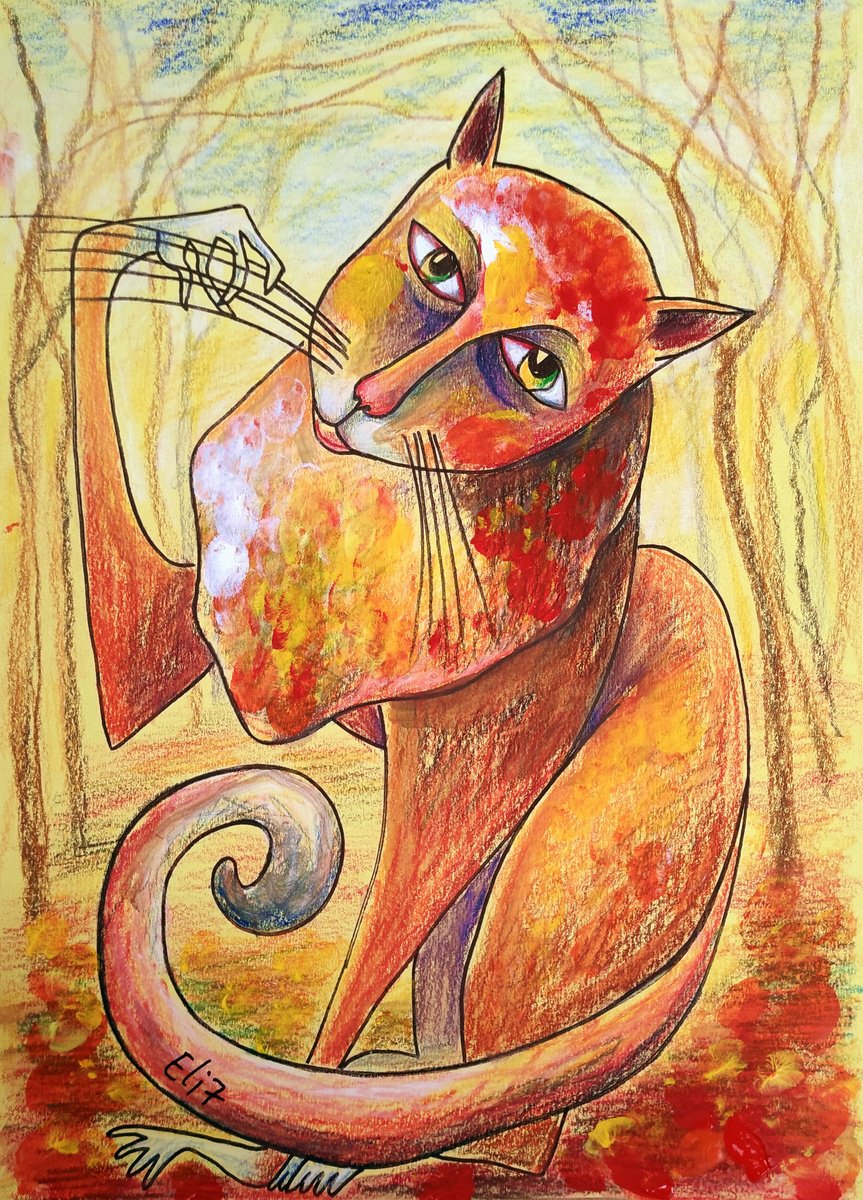 Expressive Animal Drawing By Elisheva Nesis, 9 X 13, Autumn Serenade, Original Artwork