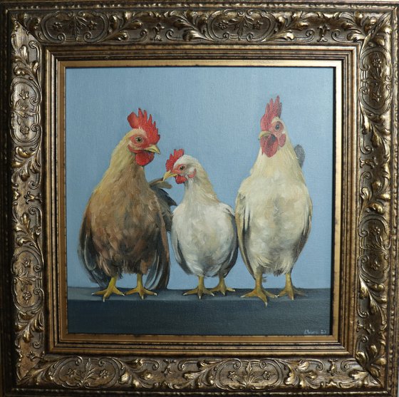 Chickens in a Row, Chicken Painting, Animal Artwork, Nature Wall Decor Framed and Ready to Hang Oil Painting by Alex Jabore Active