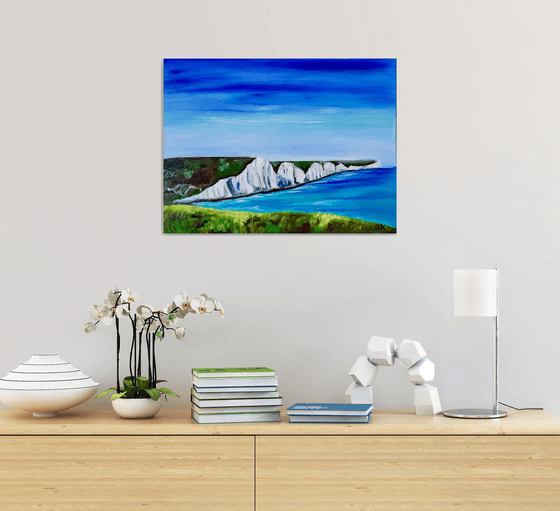 SEVEN SISTERS,   WHITE CLIFFS, SUSSEX . THE ENGLISH Countryside LANDSCAPE, OIL PAINTING. OFFICE URBAN WALL ART