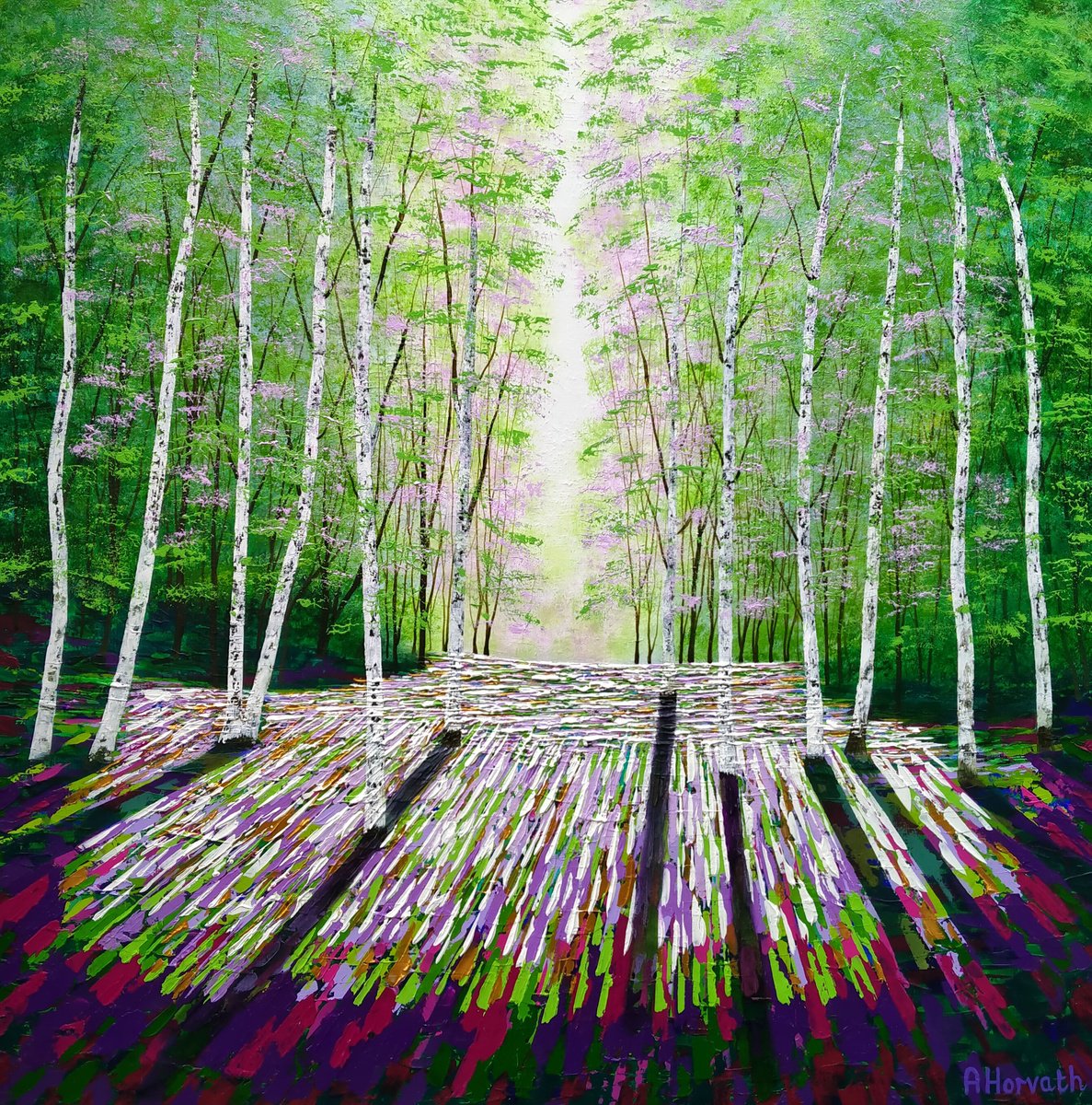 Impressionistic Botanical Acrylic Painting By Amanda Horvath, 39 X 39, Forevergreen And Golden Forest, Original Artwork