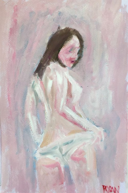 Pink and Blue Nude Oil On Paper by Ryan  Louder
