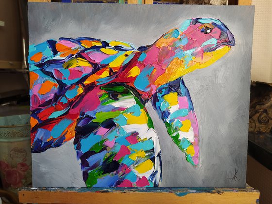Sea dweller - turtle, sea, animals oil painting, turtle oil painting, gift for kids, for children room