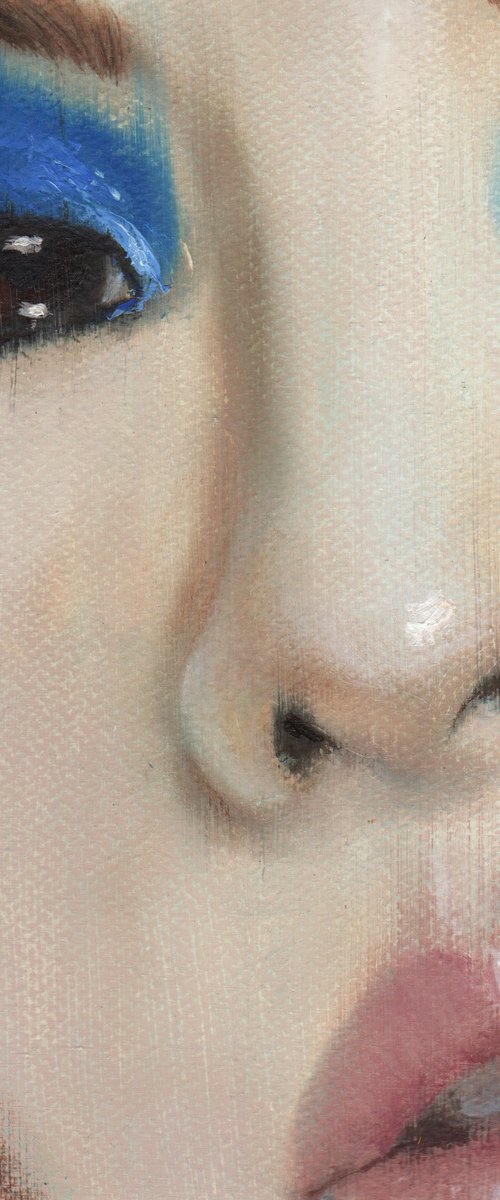 Lulu - beauty oil painting of women asian female on paper blue makeup closeup by Renske Karlien Hercules