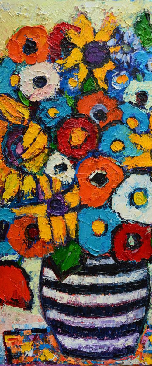 ABSTRACT FLORAL - SUNFLOWERS AND COLORFUL POPPIES IN STRIPED VASE by ANA MARIA EDULESCU