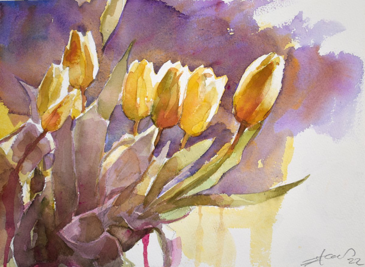 Botanical Watercolour By Goran Zigolic Watercolors, 15 X 11, Tulips, Original Artwork