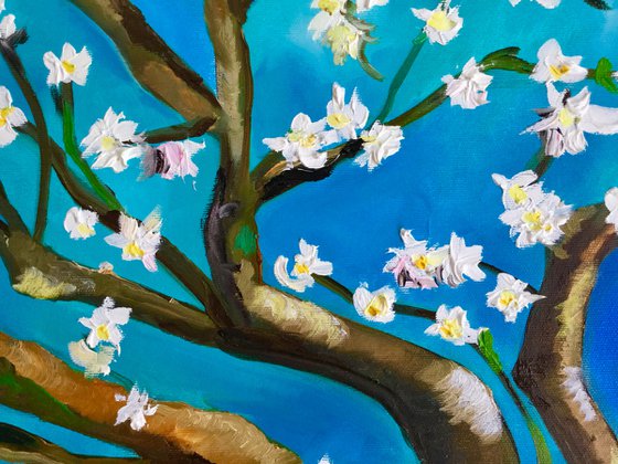 Almond blossom on turquoise inspired by Vincent Van Gogh oil painting ready to hang