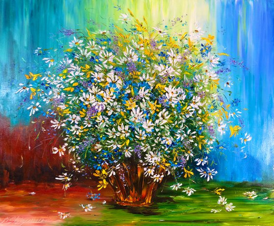 THE DANCE OF WILD FLOWERS - Floral still life. Lovely daisies. Modest cornflowers. Wildflowers. Huge bouquet. Summer colors. Village.