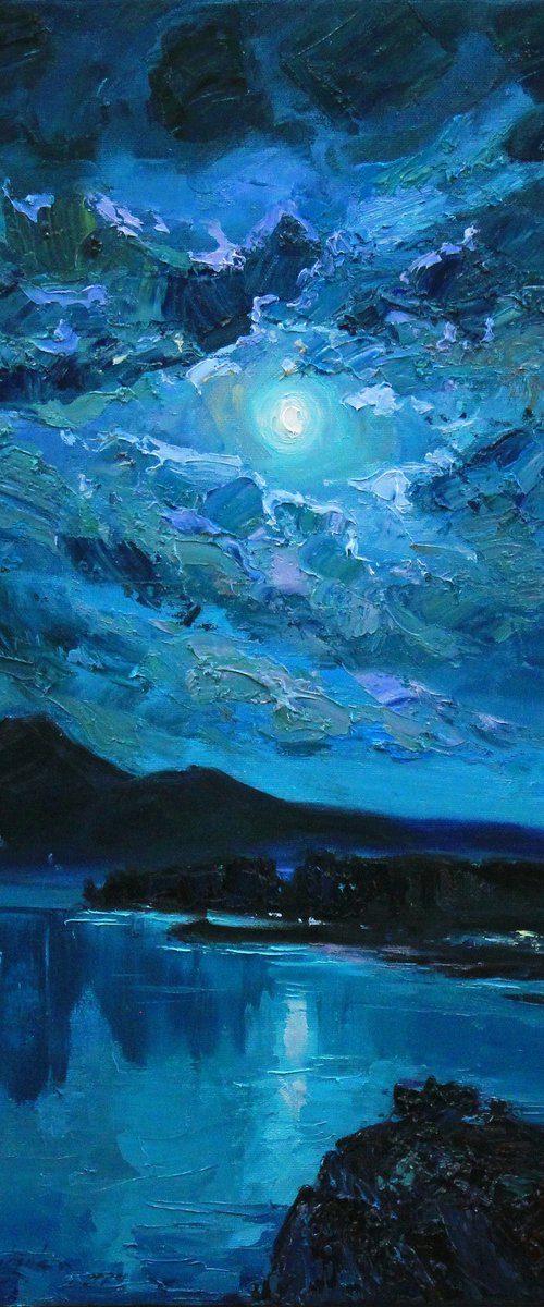 Blue night sky over river by Alisa Onipchenko-Cherniakovska