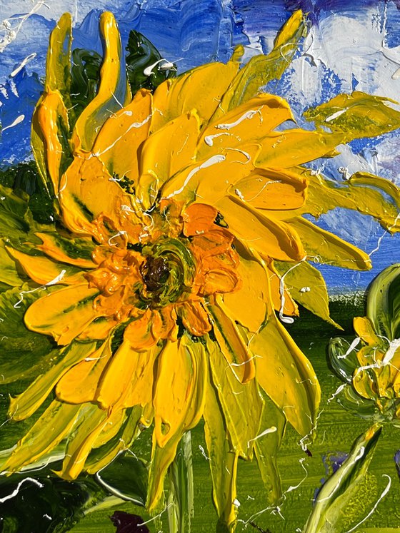 Sunflower Painting Floral Original Art Flower Small Oil Impasto Artwork 8 by 10" by Halyna Kirichenko