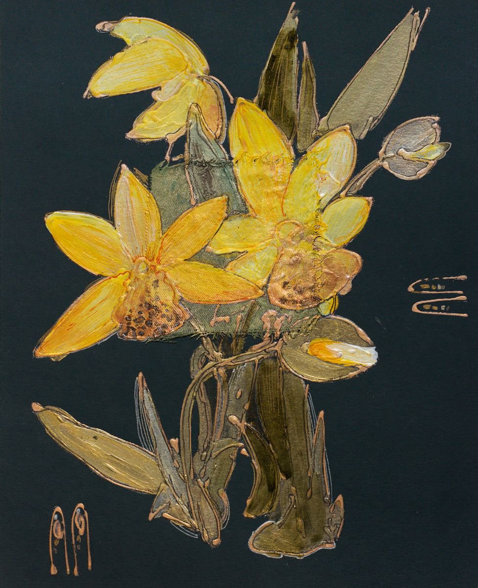 Light yellow orchids on dark green by Vlada Lisowska