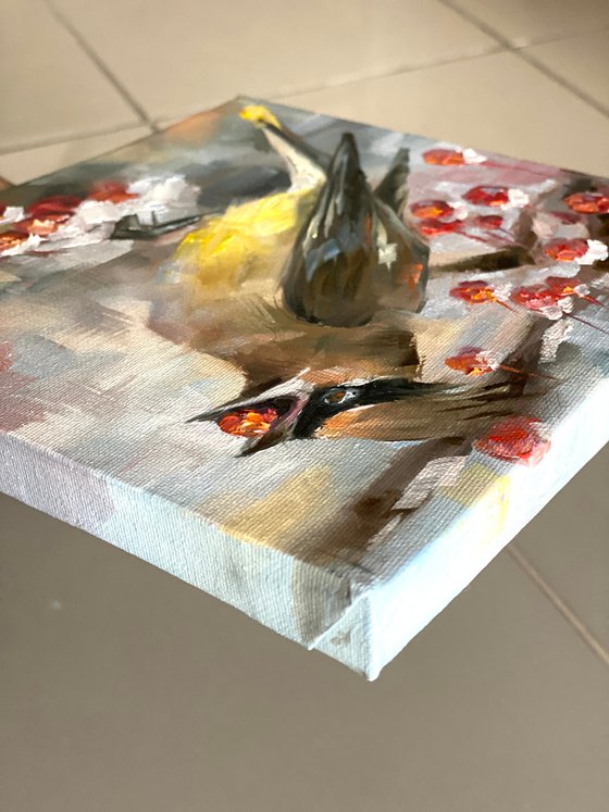 Waxwing small bird original oil painting. Square canvas, gift for Christmas/ new year. Yellow bird with red berries. Winter and snow. Made with love!