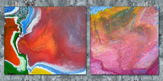 "Cracks and Bubbles" - Save As A Series - Original Large PMS Abstract Diptych Fluid Acrylic Paintings On Canvas - 66" x 30"