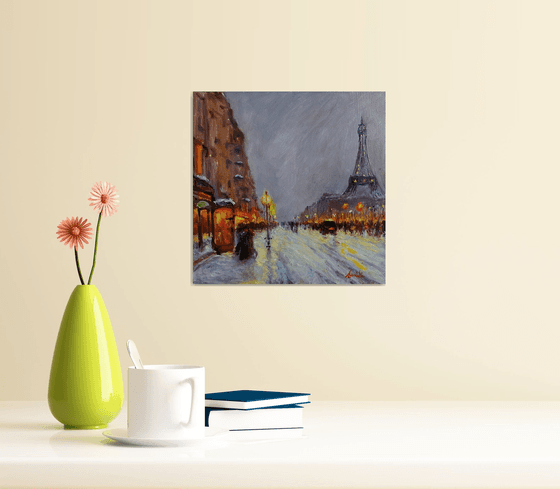 Paris in the snow with the Eiffel Tower. Original Cityscape Oil Painting.