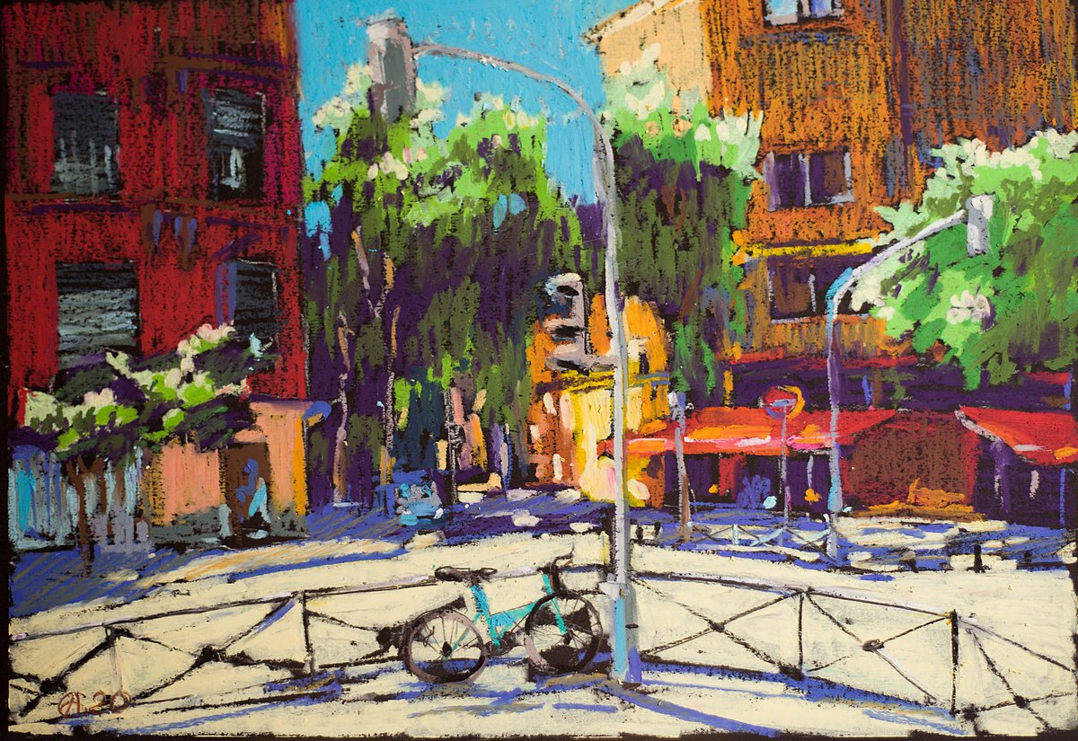 Madrid Street. Sunny day. Bright oil pastel painting. original small city interior decor s... by Sasha Romm