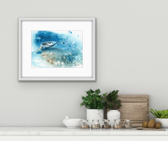 Boat in shallow water original painting  watercolor artwork with a boat in turquoise water medium  size, decor for living room gift idea