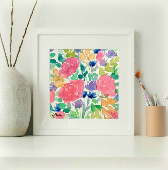 Roses - mounted watercolour, small gift idea