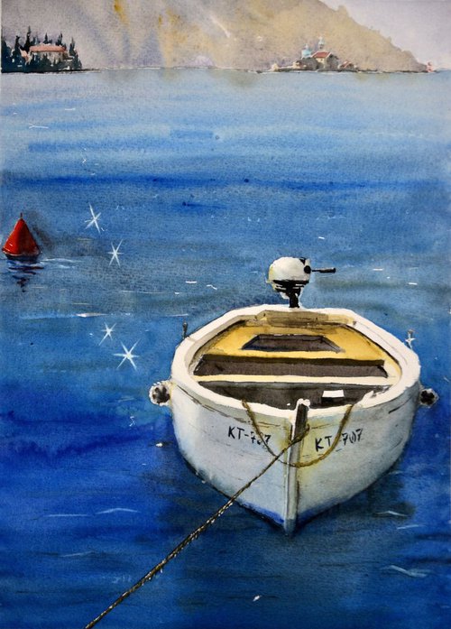 Boat and islands near Perast, Montenegro original watercolor art by Nenad Kojić watercolorist