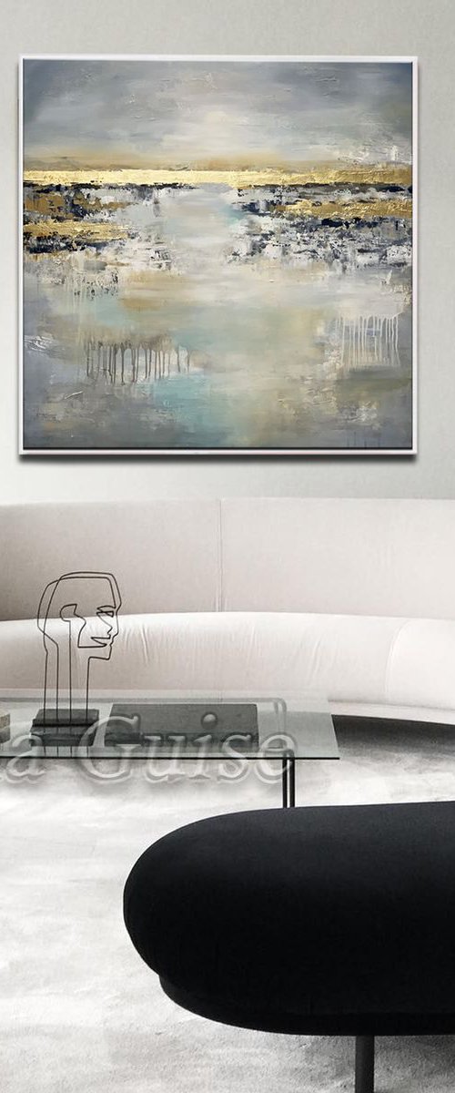 Abstract Painting White Grey 40" Square Gold Leaf Teal Large Original Painting Modern Textured Palette Knife by Lana Guise