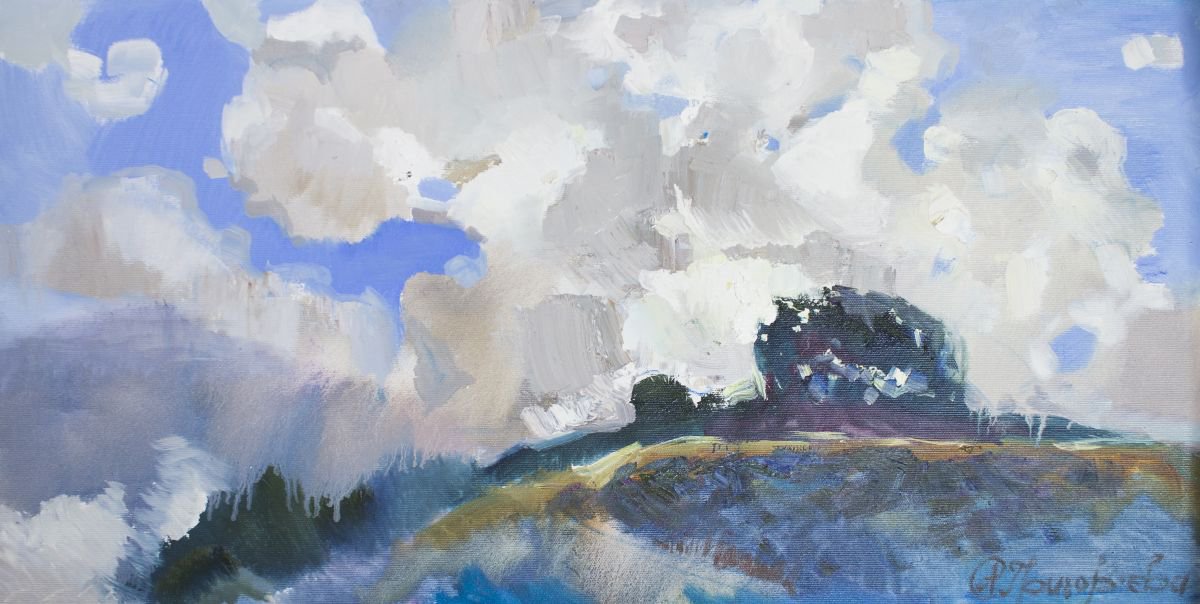 Impressionistic Landscape Oil Painting By Anastasiia Grygorieva, 28 X 14, Game Of Wind, Original Artwork