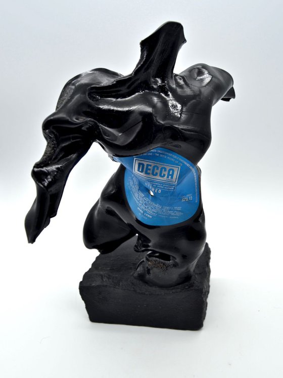 Male Figurative Sculpture, Vinyl Music Record on Black Stone, Vera Lynn