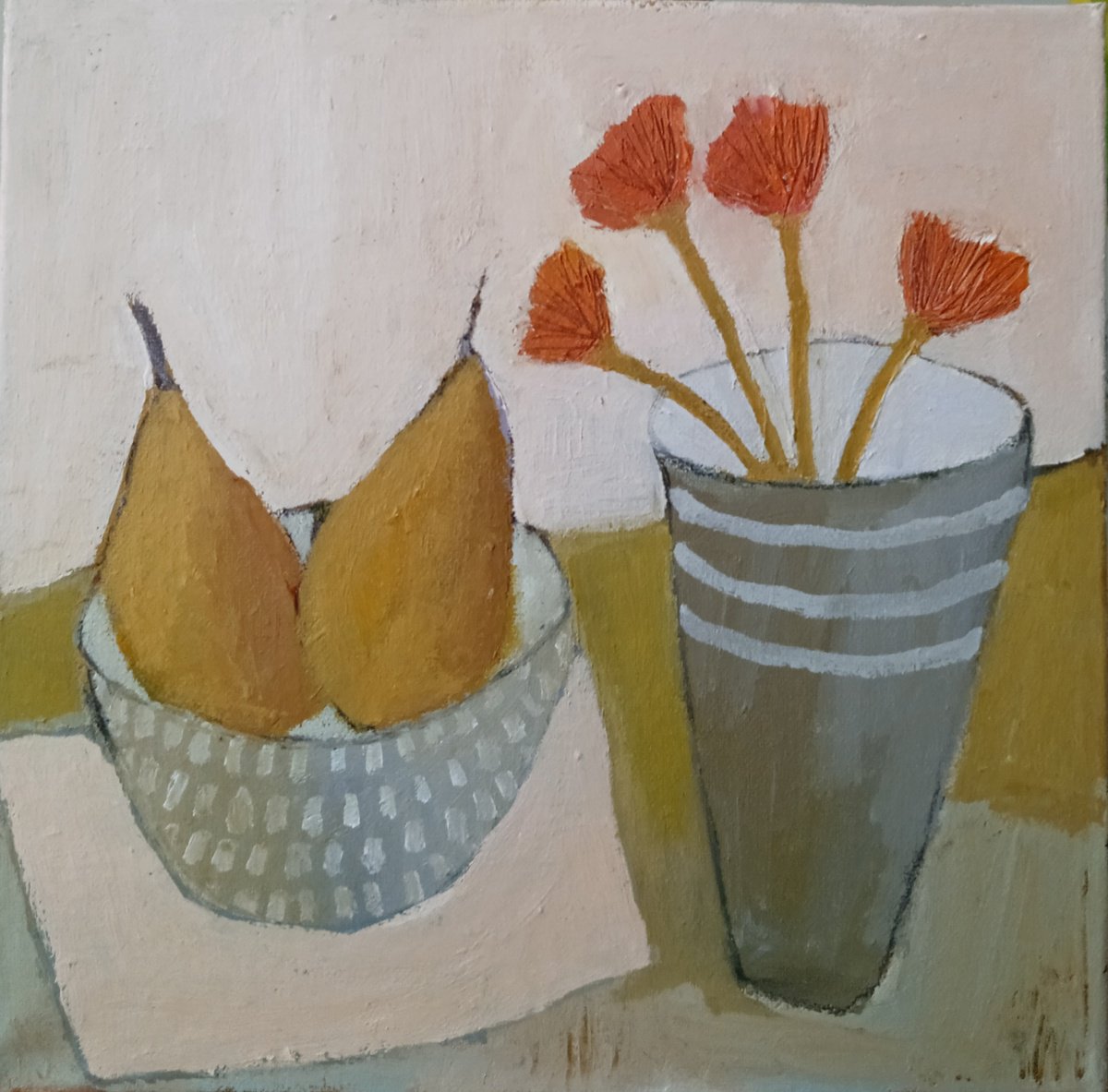 Naive Acrylic Painting , Tall Grey Vase By Fiona Philipps, 12 X 12, Artwork For Sale On Artfinder