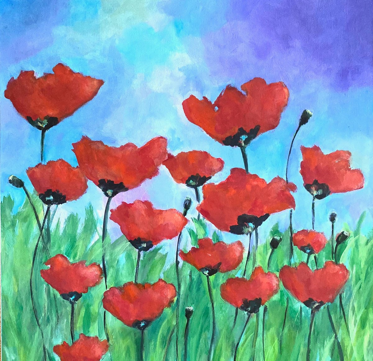 Expressive Botanical Painting By Kate Marion Lapierre, 24 X 24", Field Of Poppies, Original Artwork