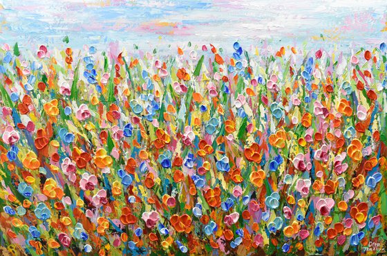 Meadow Joy - Abstract Floral Field Painting, Palette Knife Art
