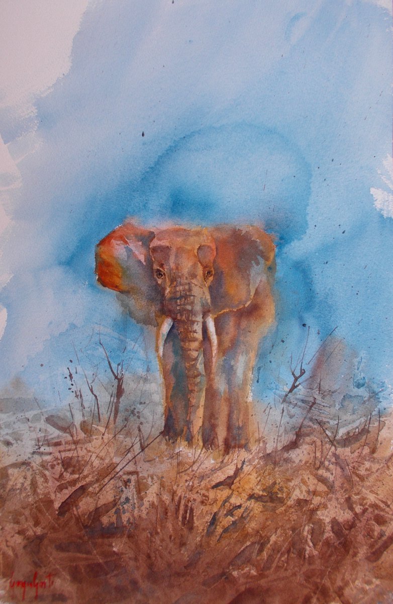Impressionistic Animal Watercolour By Giorgio Gosti, 14 X 21, Elephant 5, Original Artwork