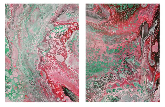 Abstract red & green , Set of 2 paintings, Ready to hang.