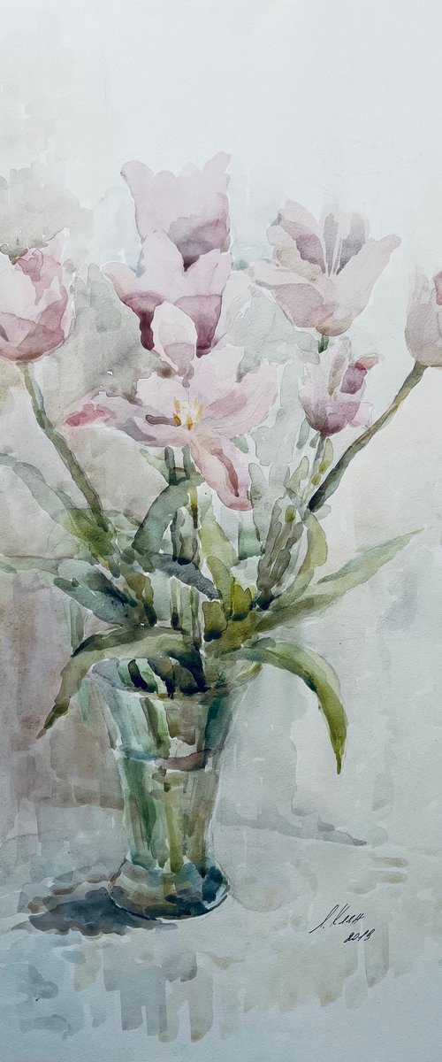 Tulips in vase. Original watercolour painting. by Elena Klyan