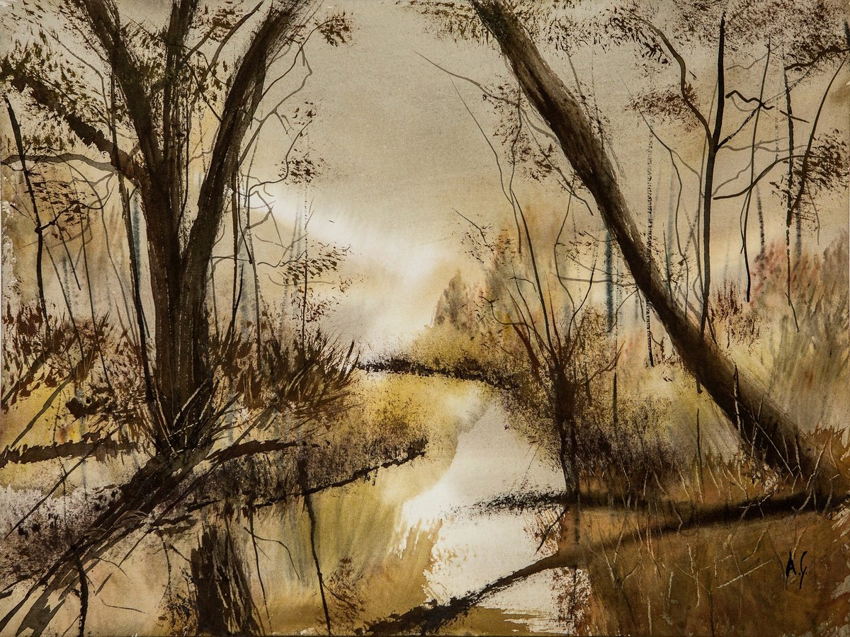 Impressionistic Landscape Watercolour By Aneta Gajos, 16 X 12, Autumn River, Original Artwork