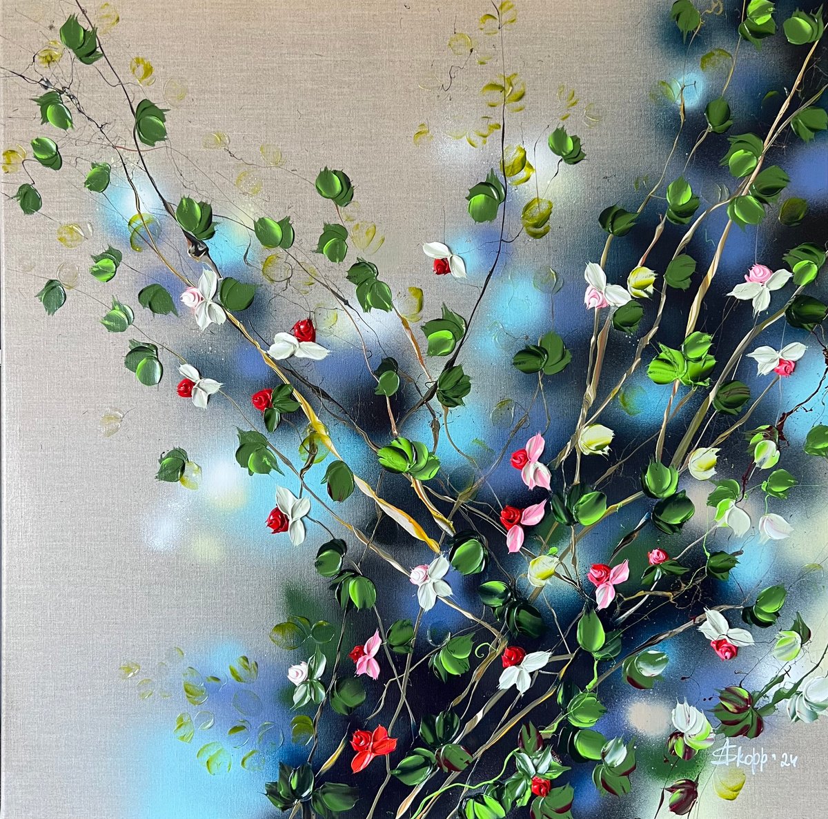 Expressive Botanical Acrylic Painting By Anastassia Skopp, 31 X 31, Quiet Bloom Of Serenity, Original Artwork