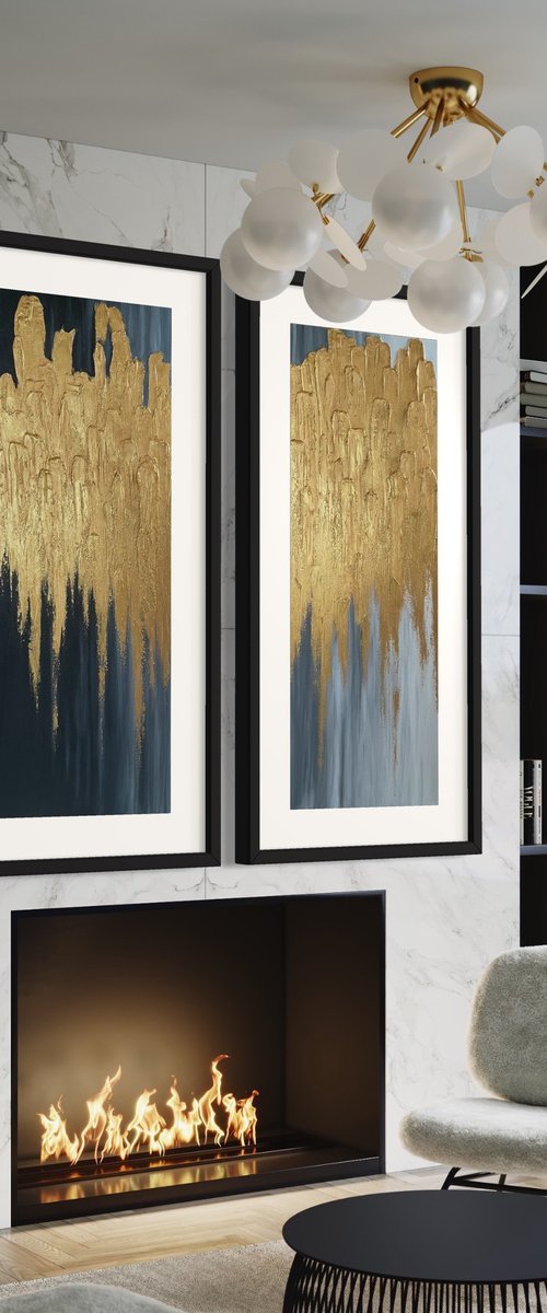 Black and White Diptych with textured gold detail Mixed Media Painting Contemporary Wall Art Pink and Gold Art Textured Abstract Painting Modern Decor by JuliaP Art