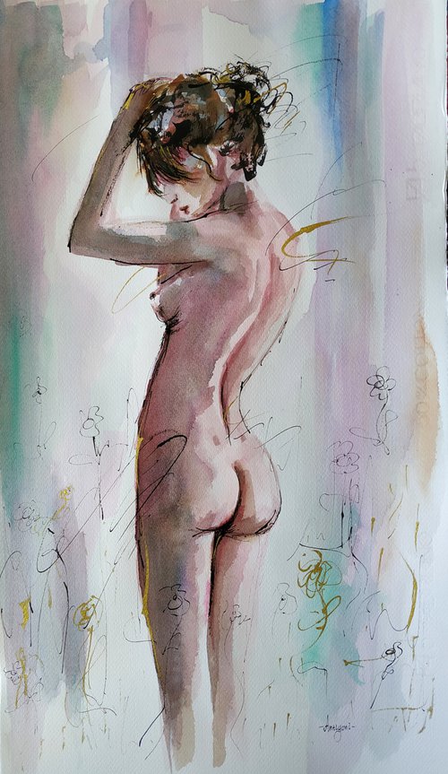 Mystery and Mist- Nude Woman Painting on Paper by Antigoni Tziora