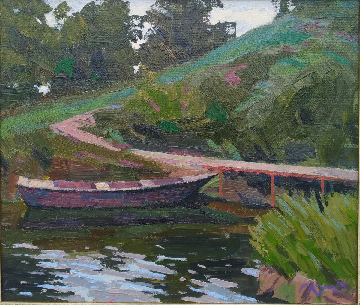 Impressionistic Landscape Acrylic Painting By Sergey Kachin, 28 X 24", Old Boat, Original Artwork