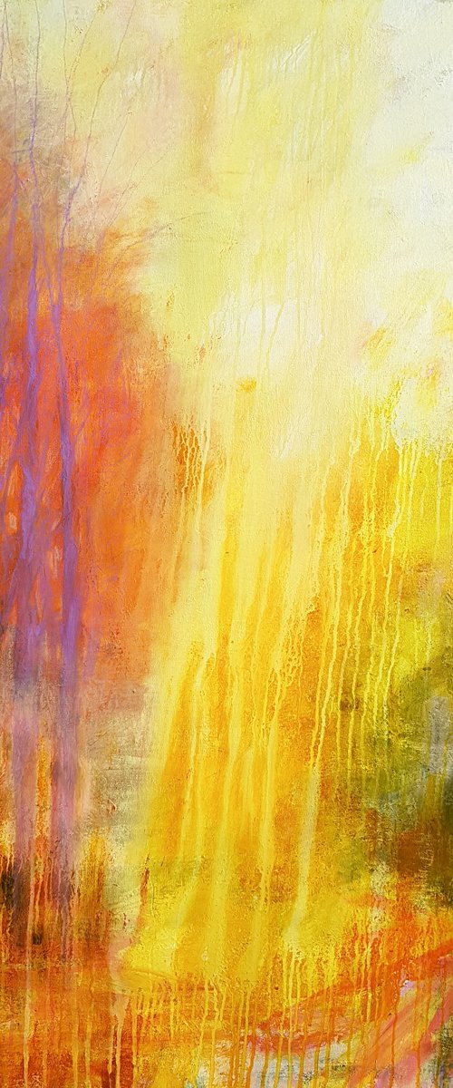 Rain of light - LARGE abstract painting UNSTRETCHED Yellow Orange Red Mauve White Dripping by Fabienne Monestier