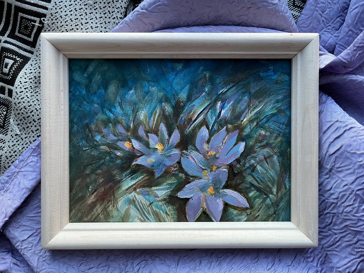 Crocuses small original miniature painting artwork by Roman Sergienko