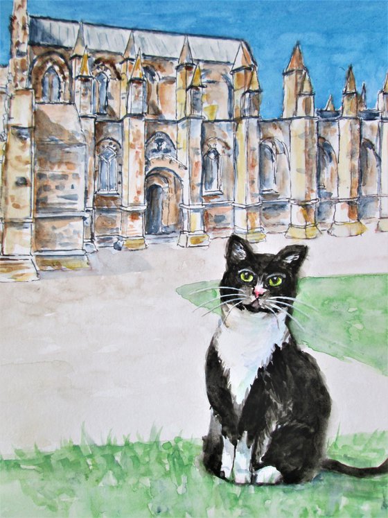 Cat visiting Rosslyn Chapel in Scotland