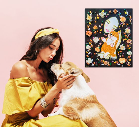 Woman and puppy. Summer floral dog mom with corgi / pomeranian spitz